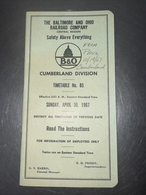 BALTIMORE & OHIO B&O ETT TIMETABLE #85 CUMBERLAND DIV. 4-30-1967  37 PAGES.
