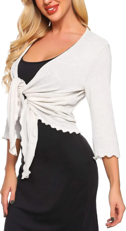 Womens Sheer Bolero Shrug Tie Front Cardigan Lightweight 3/4 Sleeve Lace Top - Image 3 of 4