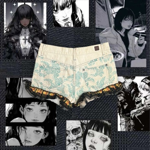 Y2K handmade remake gothic shorts, Tan and white denim shorts A32 - Picture 2 of 3