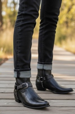 Men s Black Faux Leather Snakeskin Western Cowboy Boots Belt Harness Chain Trend