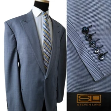 Steven Land Super 150s Wool Men Blue Check Blazer 54L Sport Coat Jacket Peak