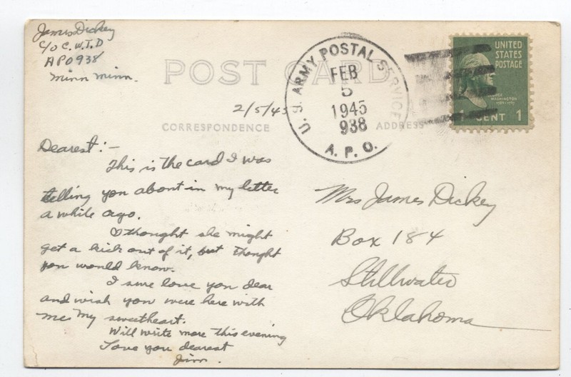 1945 APO 938 postcard to Oklahoma [s.6410]