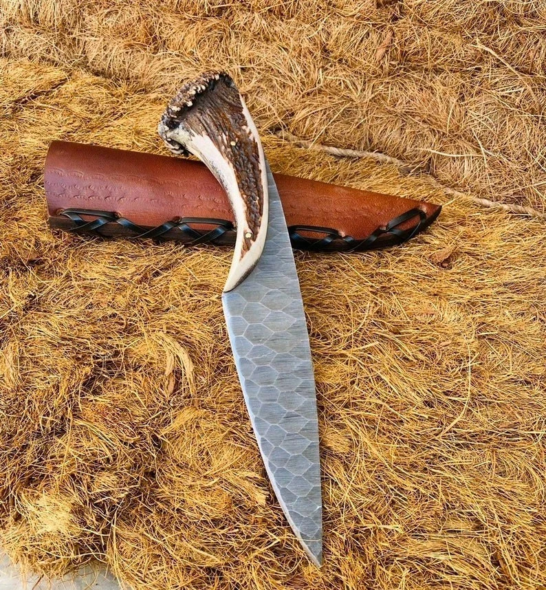 Custom Handmade Carbon Steel Blade Stag Antler Bowie Knife|Hunting Knife Camping