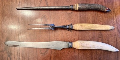 Antique Victorian Harrison Brothers Howson Carving Set Knife Fork Stag Handle