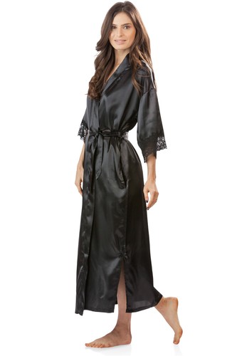 Ashford & Brooks Women's Long Satin Kimono Robe Floral/Solid Lace Lingerie Gown - Picture 3 of 21