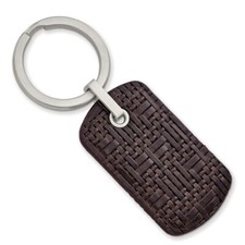 Stainless Steel Brushed Brown Woven Stitched Leather Key Ring