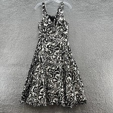 Dress Women 10 Black White Print Silk Chiffon Overlay Retro Fit Flare Long Midi