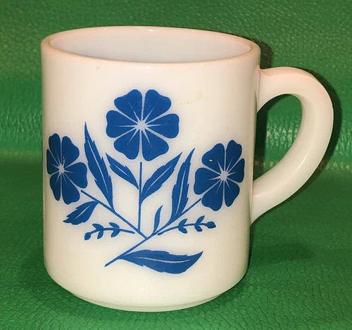 Vintage Hazel Atlas Cornflower Milk Glass Coffee Mug Tea Cup Blue Flowers ?1950s