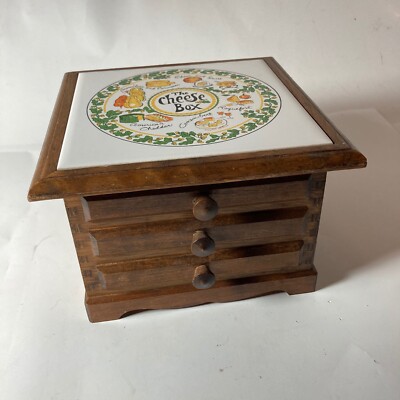 Wooden Cheese Box Ceramic Tile Top Cutting Board Storage Top Server Trinket Art