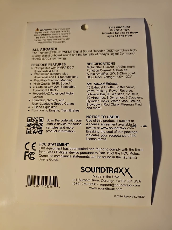 Soundtraxx 884808 Tsunami 2 TSU-21PNEM8 21 Pin Sound Decoder Steam-2 ~8 Function - Image 2 of 2