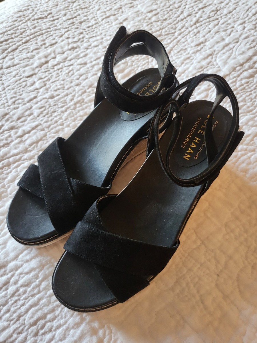 COLE HAAN NWOB Black Suede Cloudfeel Espadrille Wedge Sandal Womens Size  7.5 M | eBay UK