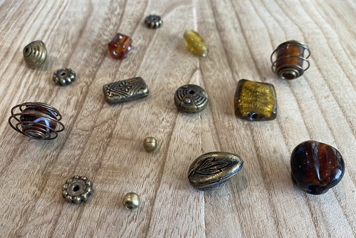 15 Assorted Sizes Vintage Beads Brass Tone Amber Glass