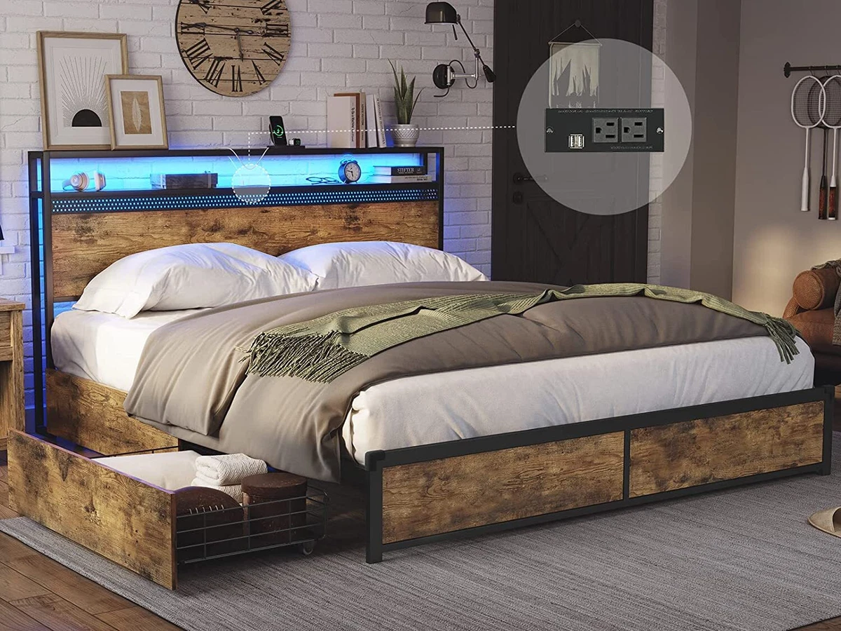 King Bed Frame with 4 Storage Drawers, Platform Bed with Charged