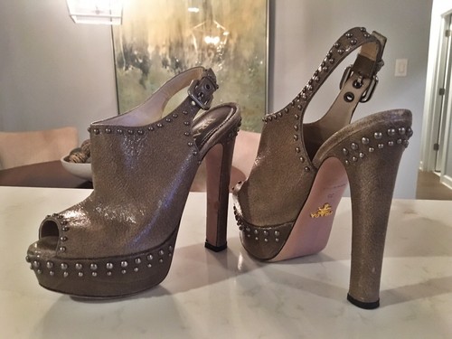 PRADA Womens Olive Brown Crinkle Leather Studded Sling Back Heels - Size 35  | eBay