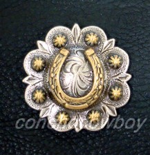 WESTERN SADDLE HORSE TACK ANTIQUE ENGRAVED GOLD HORSESHOE CONCHO screw back