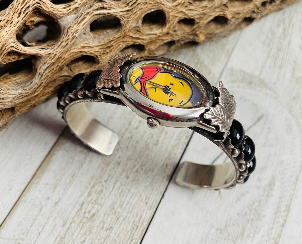 VINTAGE STERLING SILVER CONCH WESTERN BAND WATCH Vintage Artist Signed Native American Sterling Silver Watch  main image 2