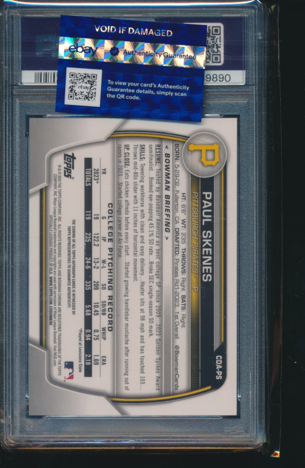 PSA 10 PAUL SKENES AUTO 1st 2023 Bowman Chrome Draft PIRATES Rookie RC GEM MINT view 2