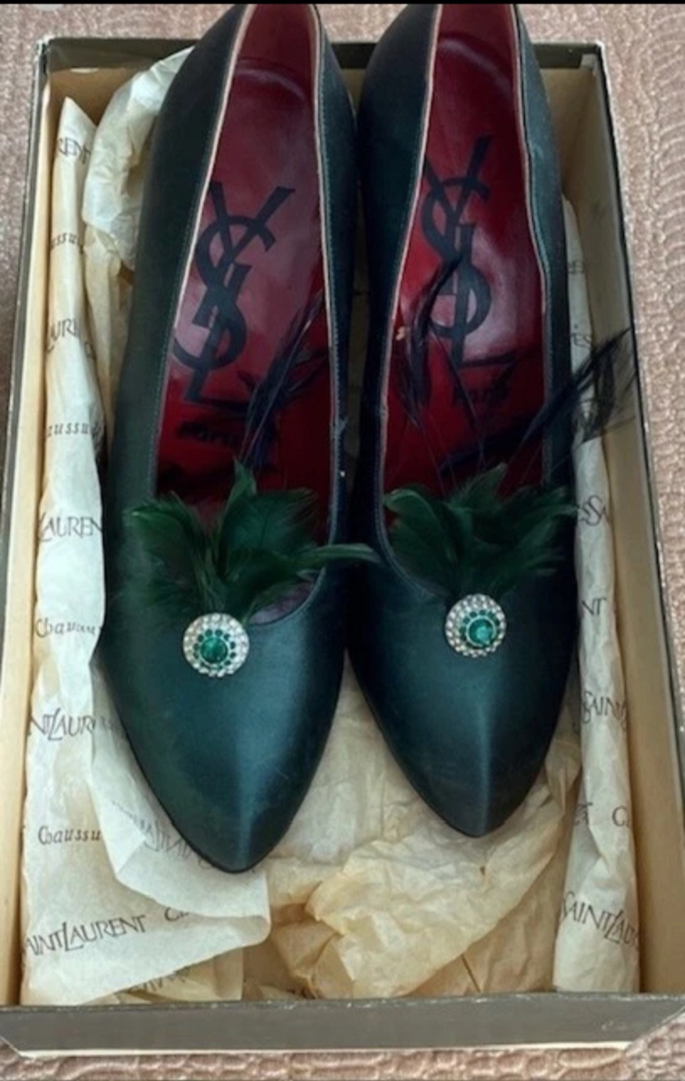 SPILLA VINTAGE AUTENTICA YVES SAINT LAURENT SMERALDO RASO TACCO PIUMA TAGLIA 6 5