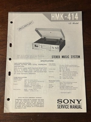 Sony HMK-414 Stereo System Turntable Preliminary Service Manual Vintage OEM