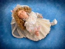Vintage Porcelain Sleeping Doll Blonde Hair White Lace Dress Collectible