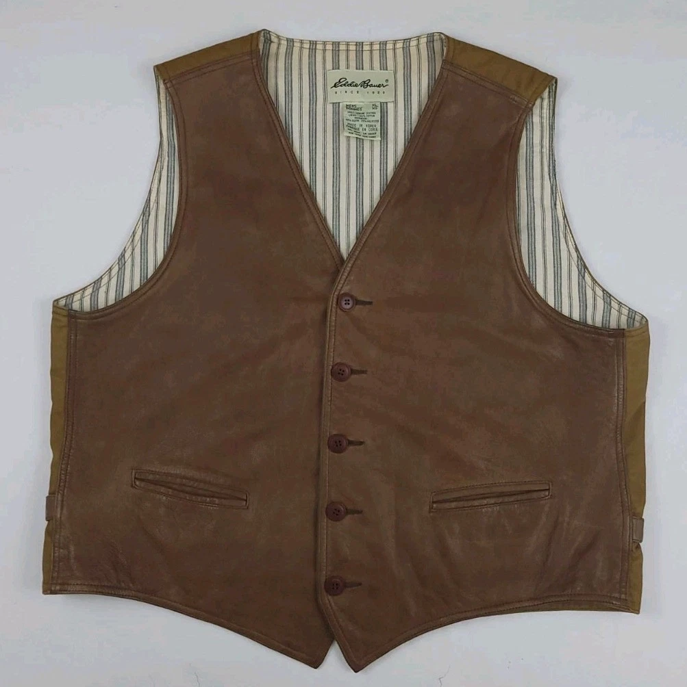 Vintage Eddie Bauer Leather Front Vest Canvas Lined Brown Rare Outdoors Country