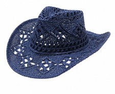 Blue Straw Cowboy Hat Rolled Brim One Size Western Cowgirl Beach