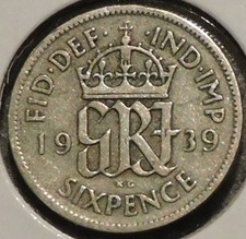British Silver Sixpence - 1939 - King George VI