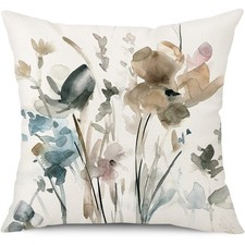 Floral Pillow Covers Watercolor Teal Brown Cream Grey Flower Couch Cushion Case