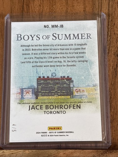 2024 Panini Boys of Summer - Massive Materials Jace Bohrefen #MM-JB Gold /5 - Picture 2 of 2