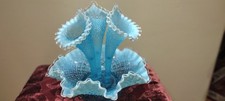 ANTIQUE FENTON USA SEA BLUE HOBNAIL OPALESCENT ART GLASS FLOWER EPERGNE URN VASE