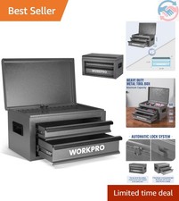 15-Inch Metal Tool Box with 2 Drawers & Top Storage, Grey