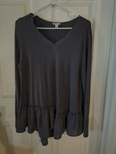 LOGO Lori Goldstein Top Size L Purple/Gray V-Hem Line Long Sleeve VNeck 