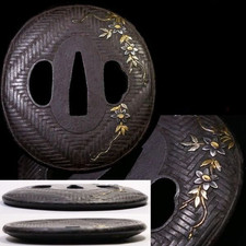 WAN TSUBA Bowl Shape Wickerwork & Plants Inlay Japanese Sword Guard Edo Antique