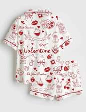 Women  s Valentine's Day Whimsical Hand Drawn Icons Short Sleeve Satin Pajama Set