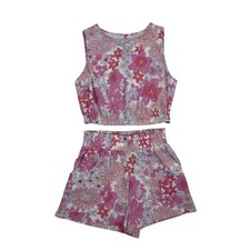 Pink Floral Print 2 Piece Outfit Womens Large Retro Matching Set High Waist Shor