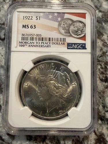 1922 $1 Peace Dollar NGC MS-63 100th Anniversary Edition Beautiful Silver Coin