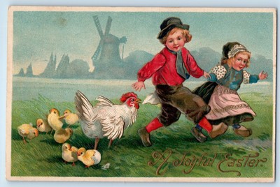 c1910's Easter Chicken Chasing Dutch Kids Little Chicks Hatched Egg Postcard
