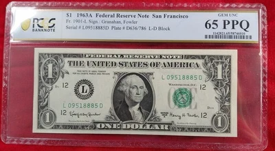 1963 A PCGS 65 Gen UNC Federal Reserve Note San Francisco 1 Dollar Bill Note USA - Image 1 of 2