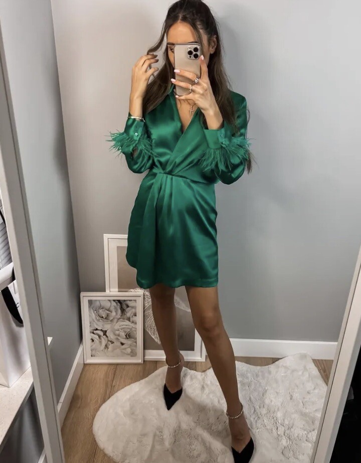 green emerald velvet dress Perrin Emerald Green Feather Dress High Slit Gown main image 1