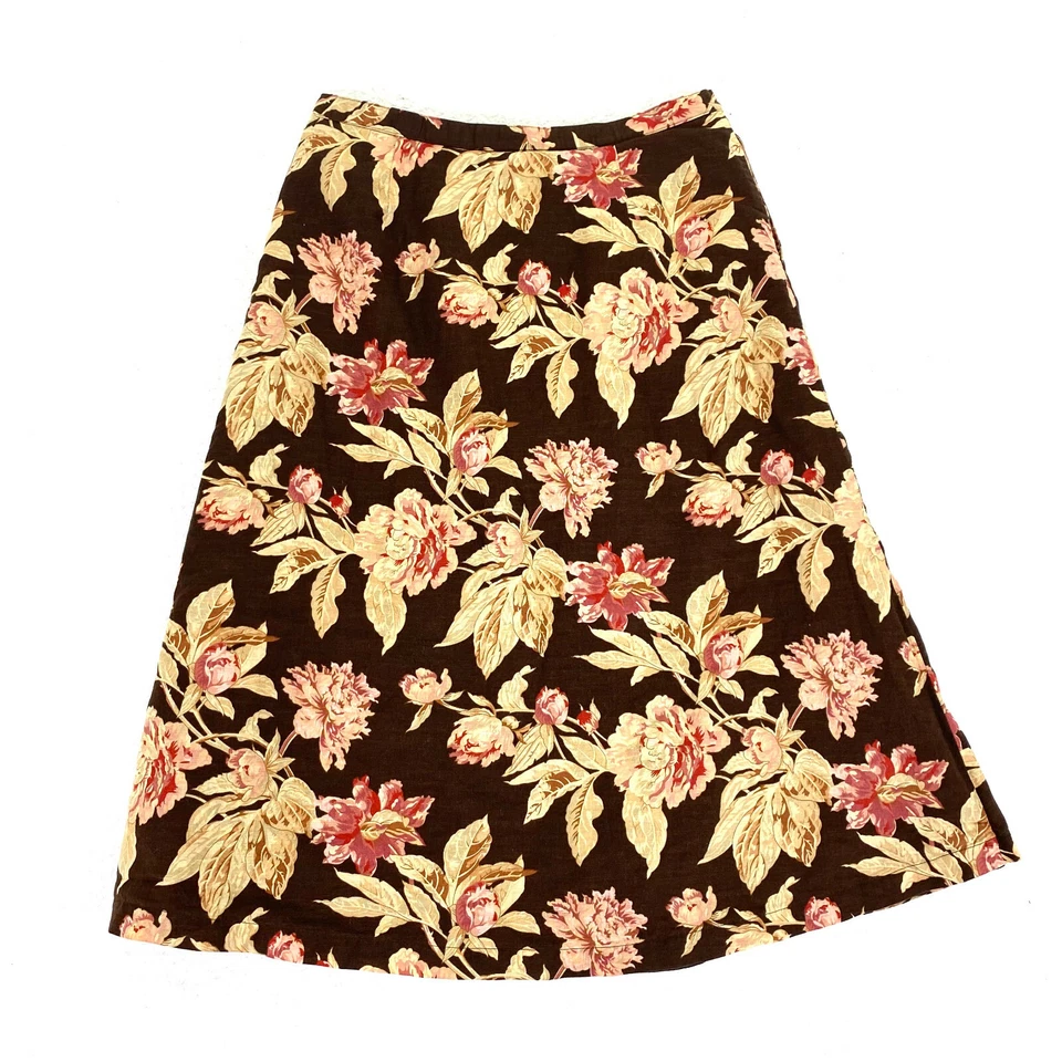 Falda midi línea A Chaps para mujer talla 8 marrón rosa floral lino algodón botón delantero Foto 2 de 4