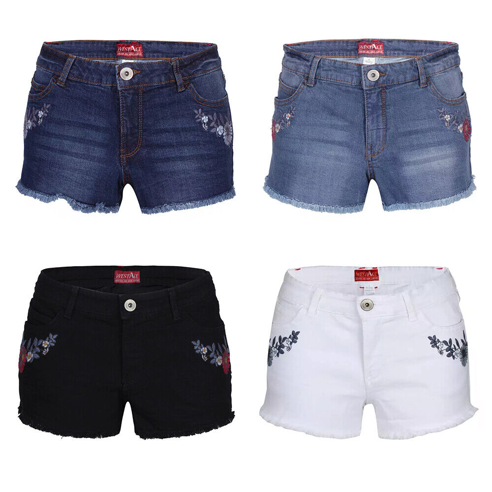 Womens Mid Blue High Waisted Stretch Denim Shorts Summer Hot Pant Multiple Sizes