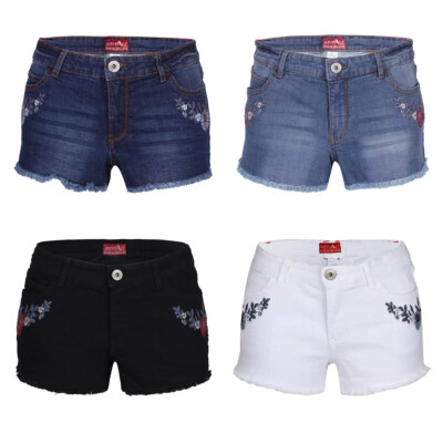 Womens Mid Blue High Waisted Stretch Denim Shorts Summer Hot Pant Multiple Sizes