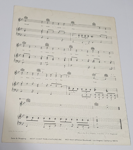 Bobby Sherman Julie Do Ya Love Me? Sheet Music Includes Fold-Out Color Poster - Picture 4 of 9