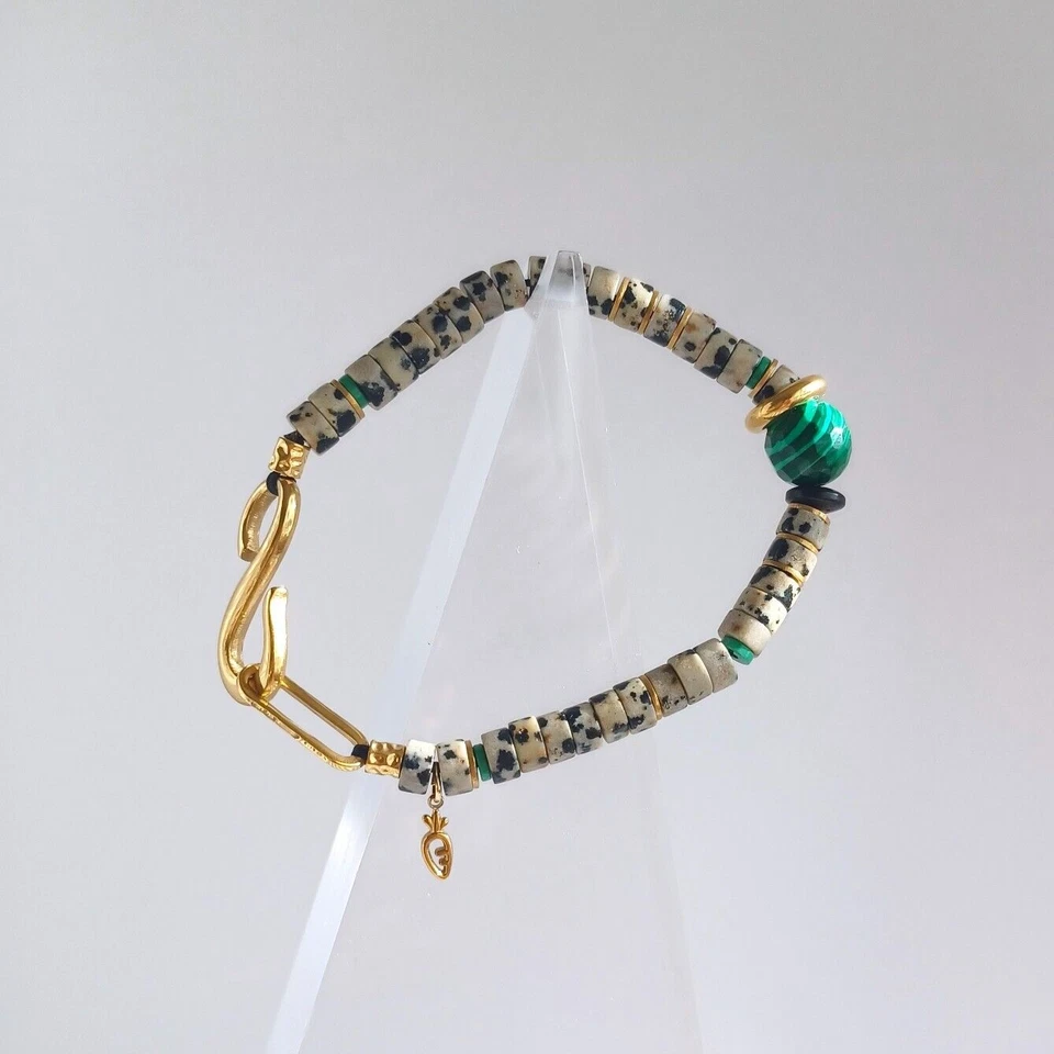 Nuevo Hombre Jaspe Dálmata Natural con Piedras Preciosas y Pulsera Acero Inoxidable Foto 3 de 4