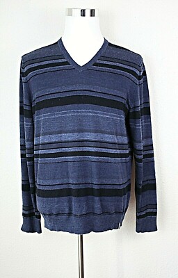 CALVIN KLEIN Men's Wool Pullover Sz. L Long Sl. Blue Black Stripes Sweater #03