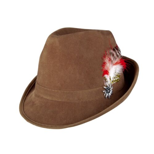 Bavarian Oktoberfest Hat Brown With Feather Deluxe Fancy Dress Costume Accessory