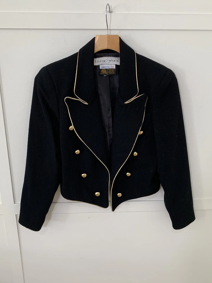 Chaqueta Pantalón Traje Vintage Lillie Rubí Crepé 100% Lana Talla 8 Botones Borde Dorado Usado en Excelente Condición Foto 2 de 4