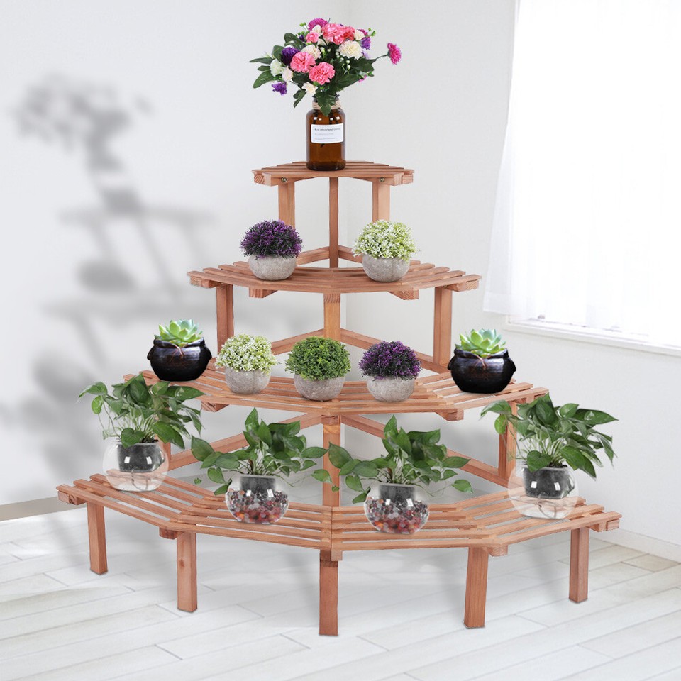 (Natural Wood)4 Tiers Pine Wood Corner Flower Pot Stand Plant Display