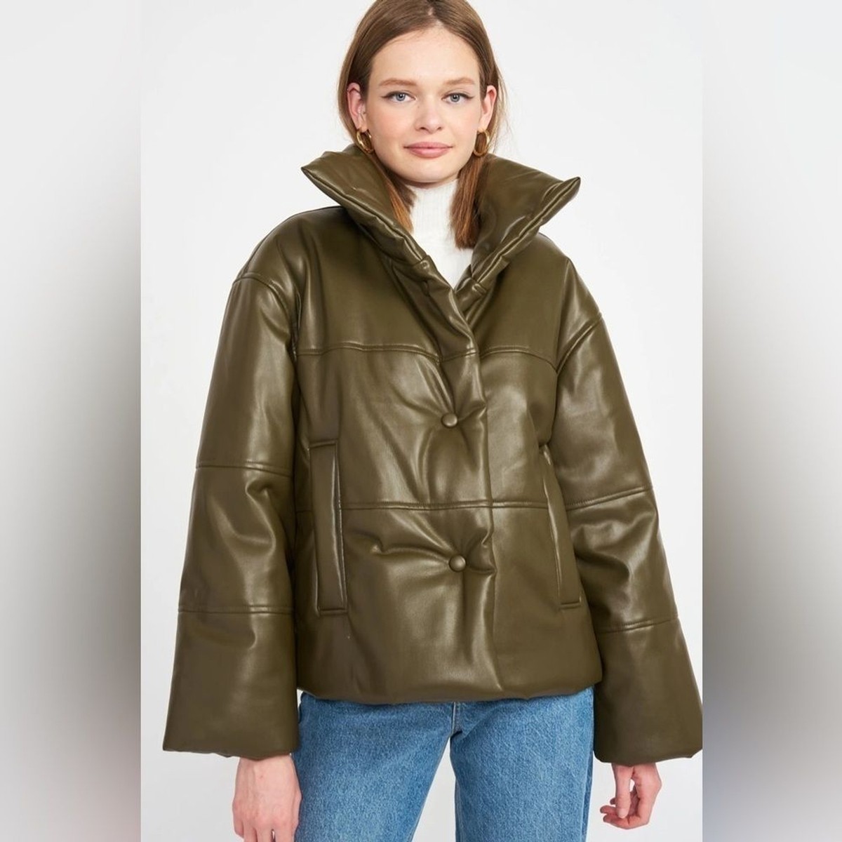 En Saison Lana Vegan Leather Oversize Puffer Jacket Olive NWT Size