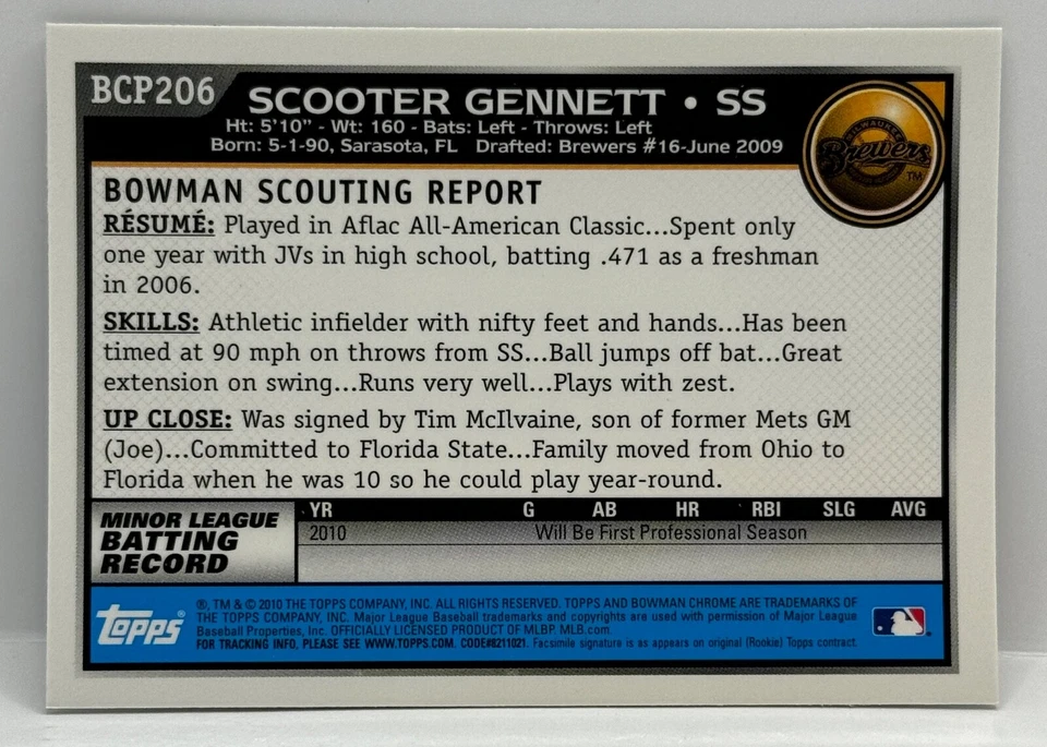 SCOOTER GENNETT 1st Bowman Chrome Card 2010 Bowman Chrome #BCP206 Brewers Reds - Image 2 of 4